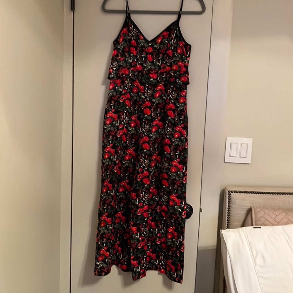 Club Monaco Black Floral Slip Jumpsuit with Red Rose Pattern